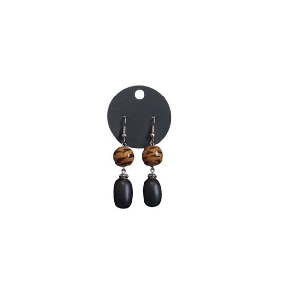 Black and Brown Animal Tiger Print Beaded Dangle Drop Style Fashion Earrings - Picture 1 of 8